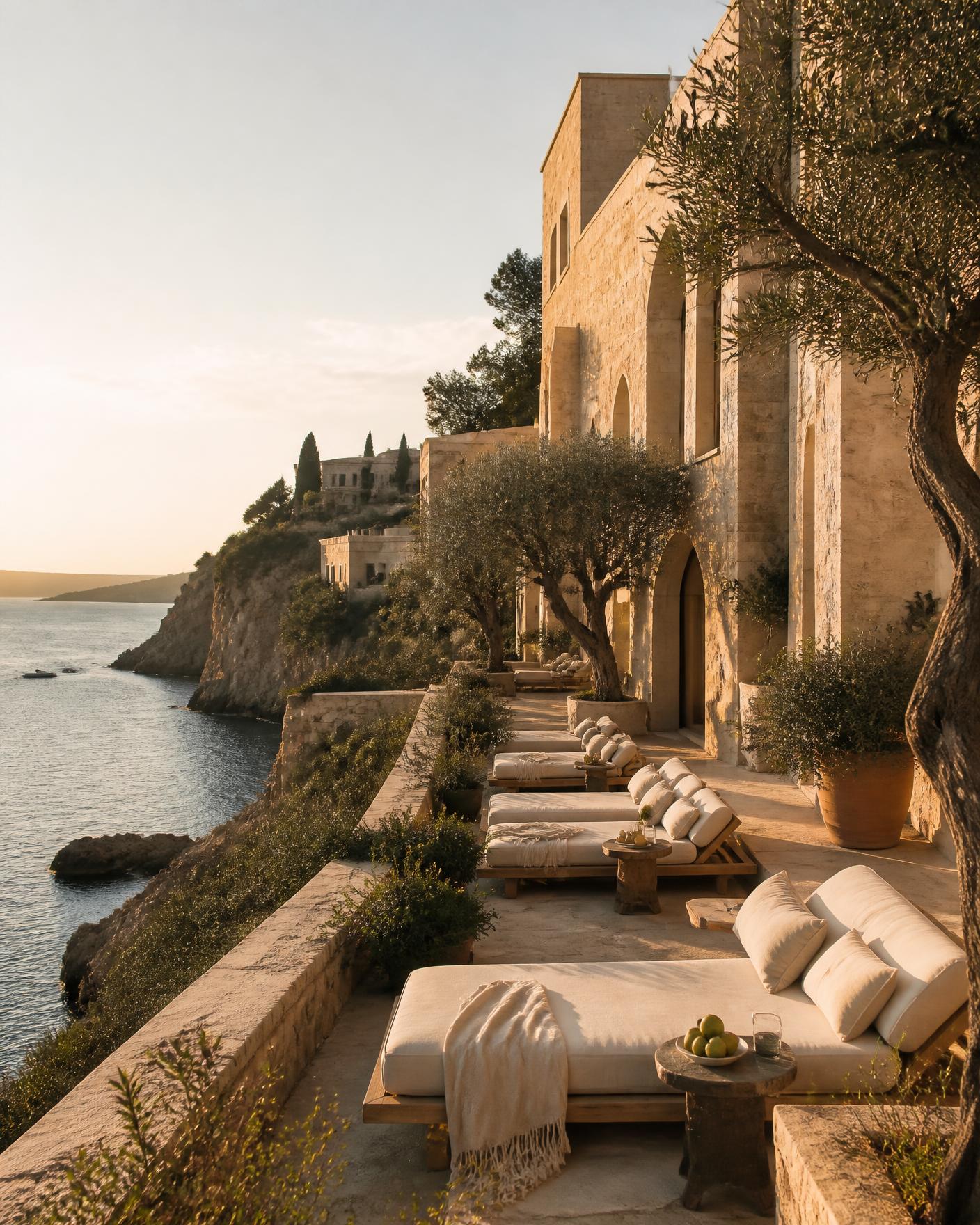 Cliffside hotel terrace with linen daybeds above a calm sea at golden hour.
